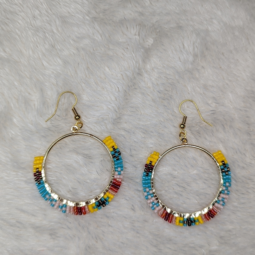 Hand beaded gold hoop earrings